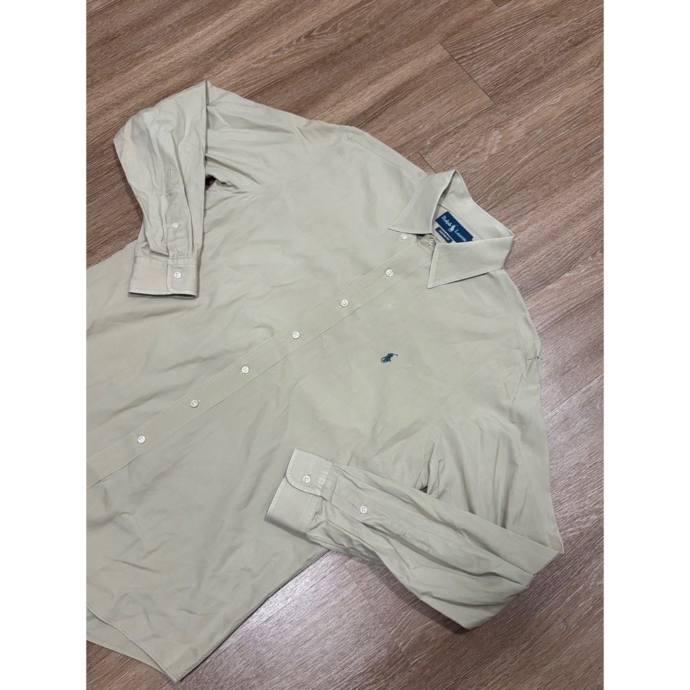Ralph Lauren Custom Fit Button Down Shirt Mens Large Tan Khaki Long Sleeve Pony